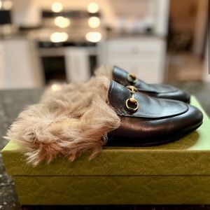 Gucci Princetown Re-Edition Mule Slide - Black Leather & Wool Fur Interior 36.5